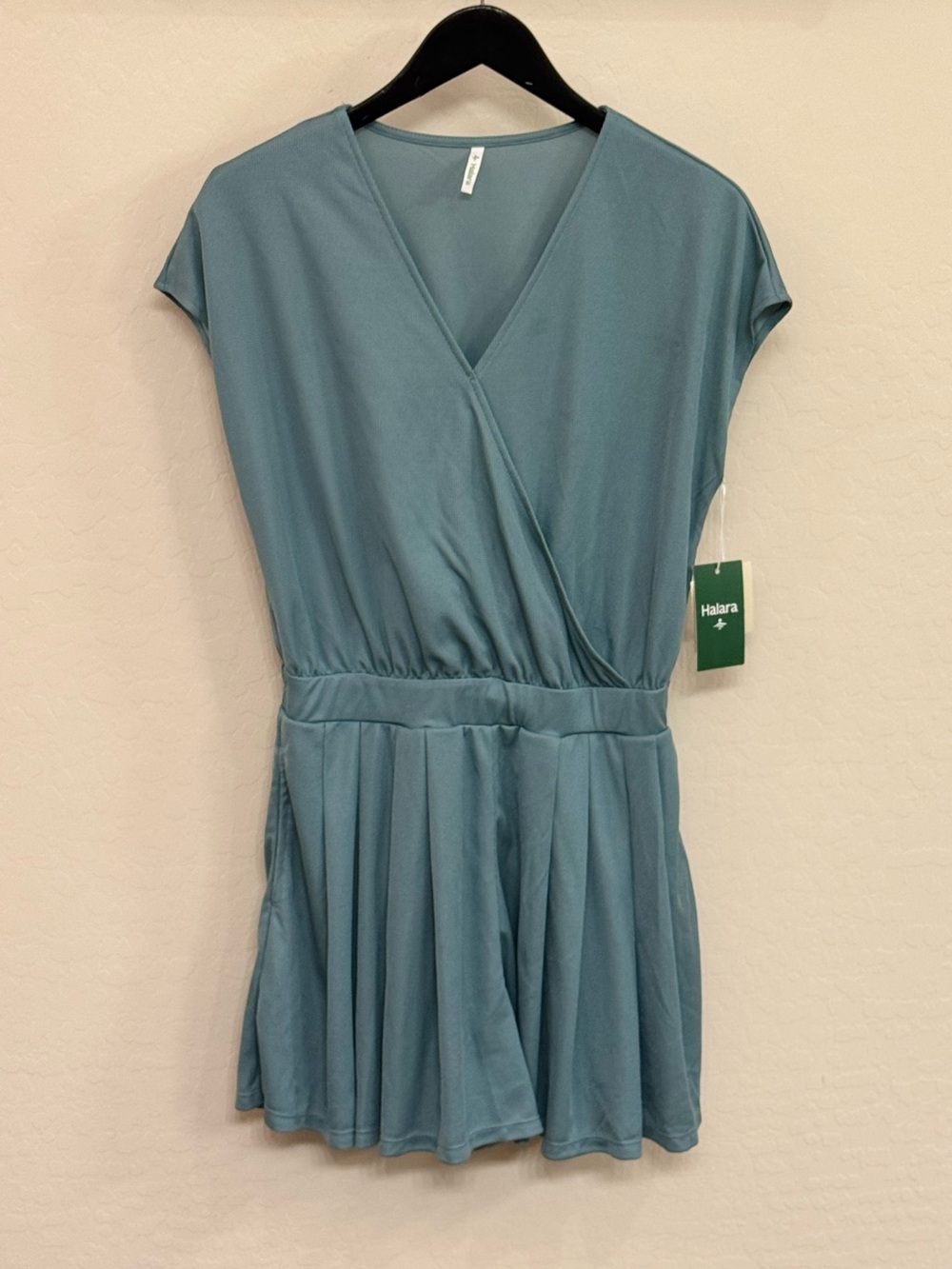 NWT Halara Waffle Knit Pleated V-Neck Romper Medium Teal